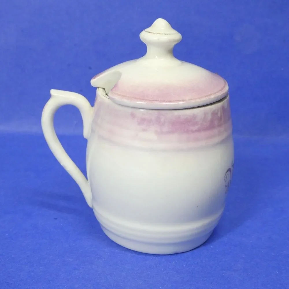 Porcelain Mustard Jar w/Lid Germany Pink White Antique